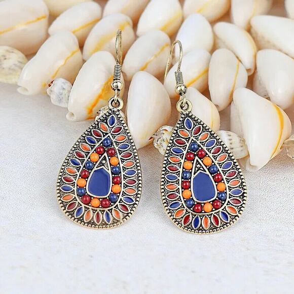 Blue Retro Color Alloy Turquoise Hook Geometric Drop Earrings Boho Ethnic Artsy - Picture 1 of 7